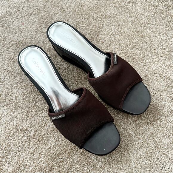 Calvin Klein Vintage 90s Y2K Chocolate Brown Cutout Wedge Platform Sandals 7.5 - Picture 6 of 7